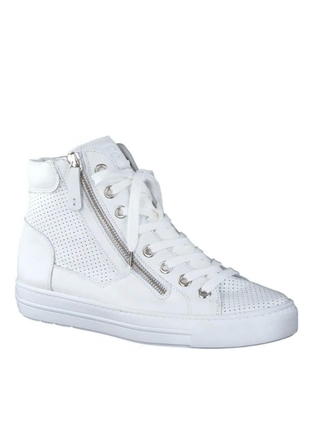 White Leather Sneaker. High Top. Us 6 Never Worn, In Box. Uk 3 1/2
